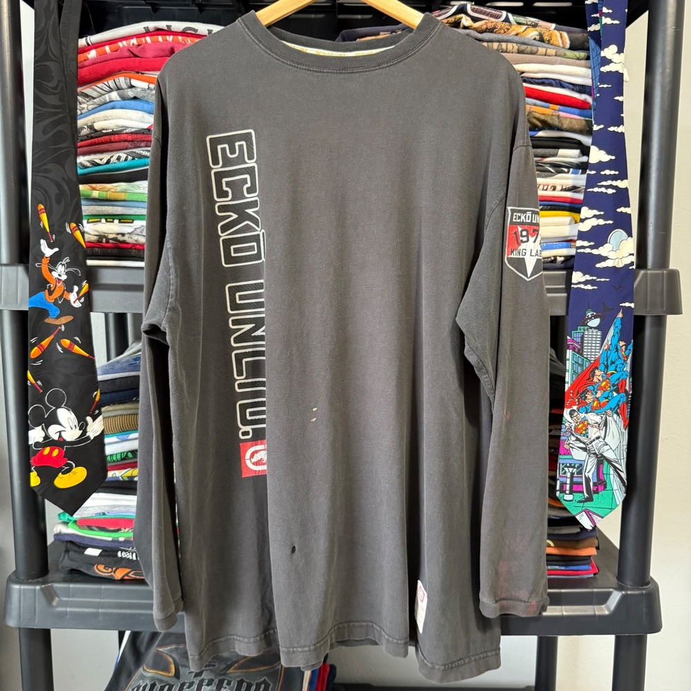 Vintage Black Ecko Unltd Long Sleeve Graphic Shirt Size Large Light Distressing